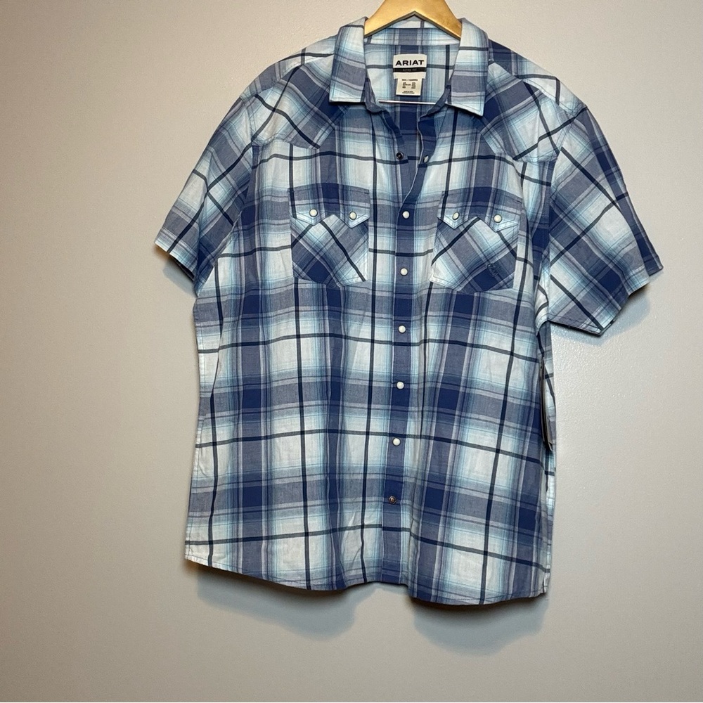 Ariat Men’s Hadder Retro Fit XXL Blue Plaid Pearl Snap Button Down Shirt